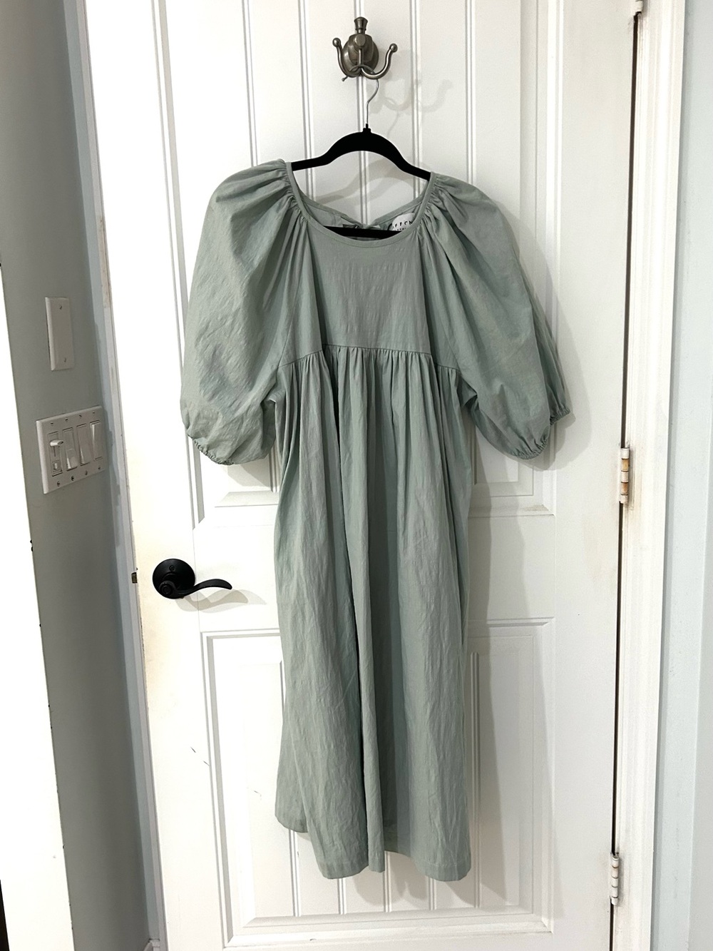 Puff-Sleeve Midi Dress in Sage Green